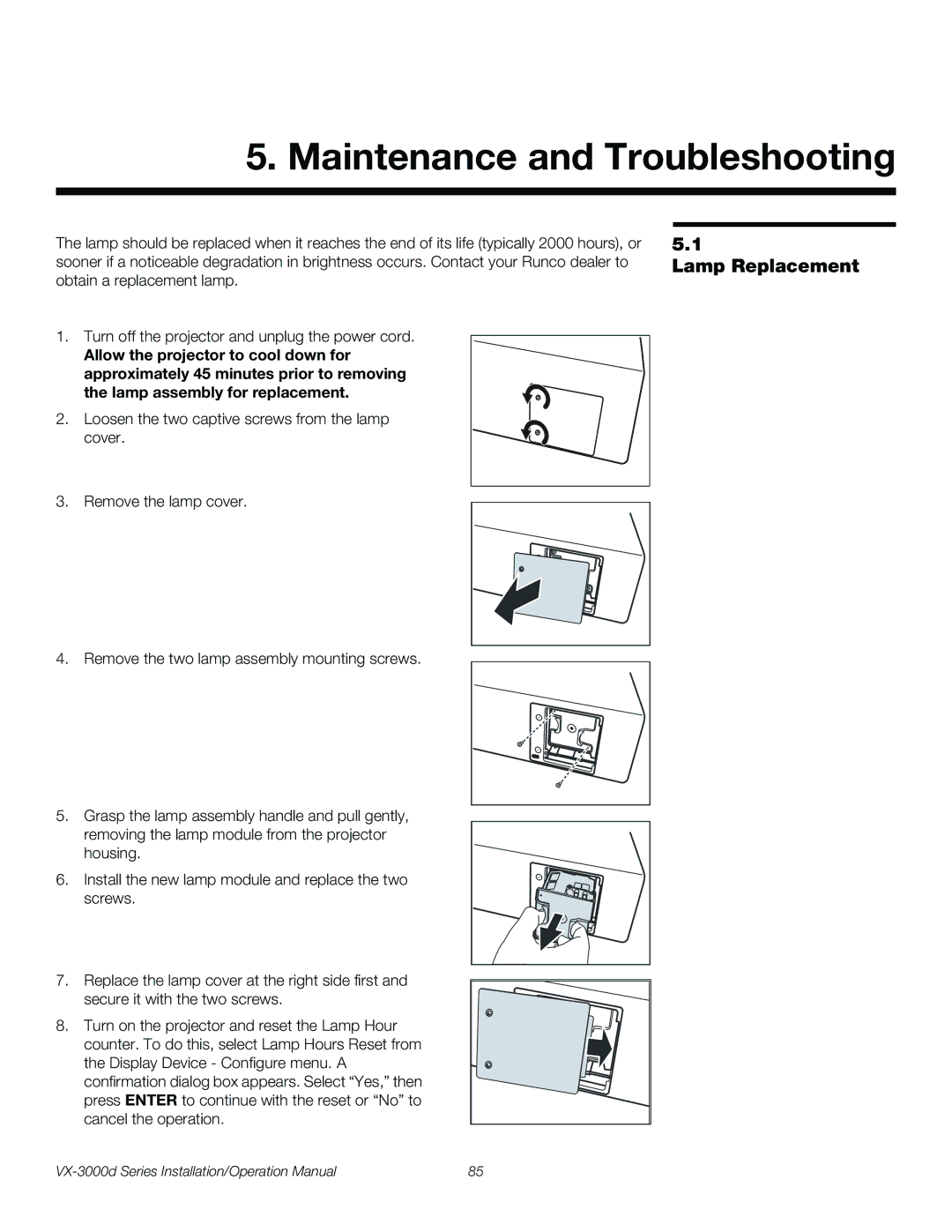 Runco VX-3000D operation manual Maintenance and Troubleshooting, Lamp Replacement 