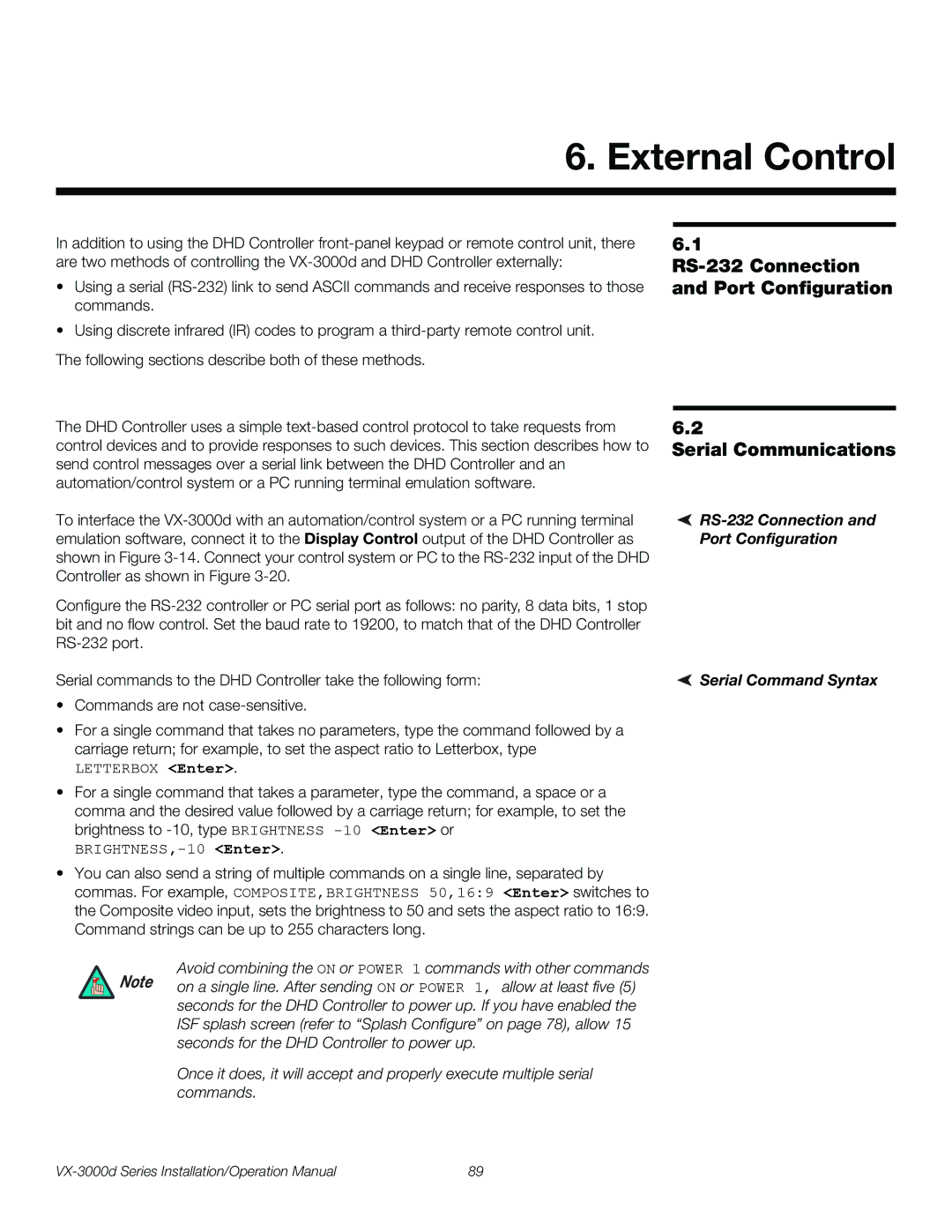 Runco VX-3000D operation manual External Control, RS-232 Connection and Port Configuration, Serial Communications 