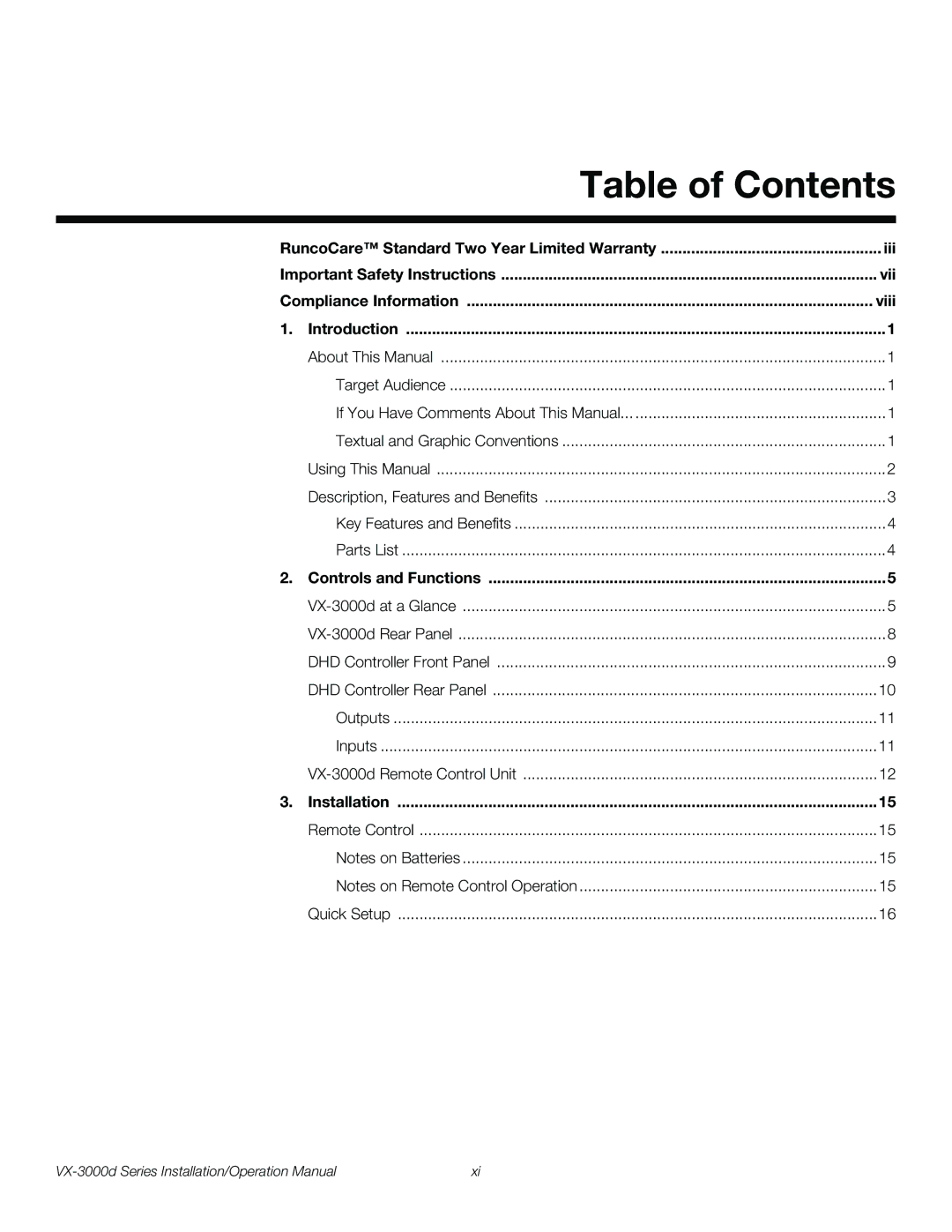 Runco VX-3000D operation manual Table of Contents 