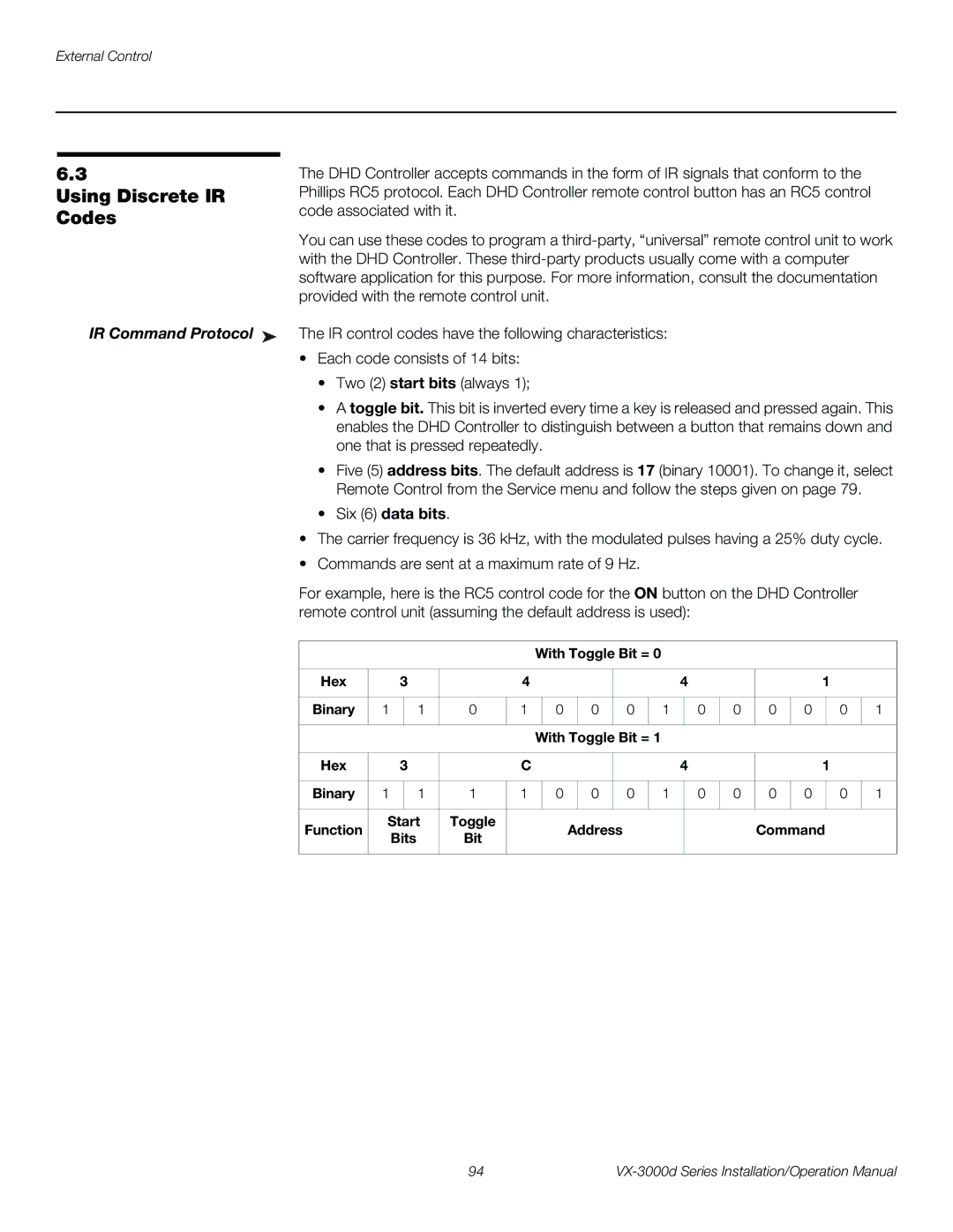 Runco VX-3000D operation manual Using Discrete IR Codes, With Toggle Bit = Hex Binary Function Start, Command Bits 