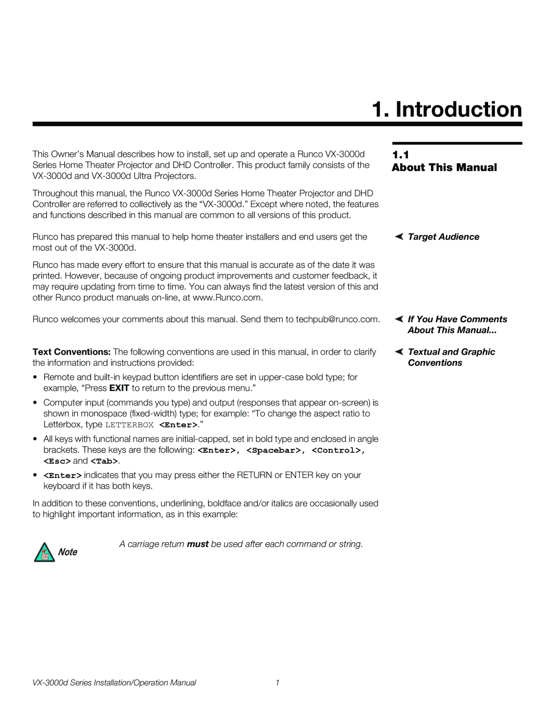 Runco VX-3000D operation manual Introduction, About This Manual 