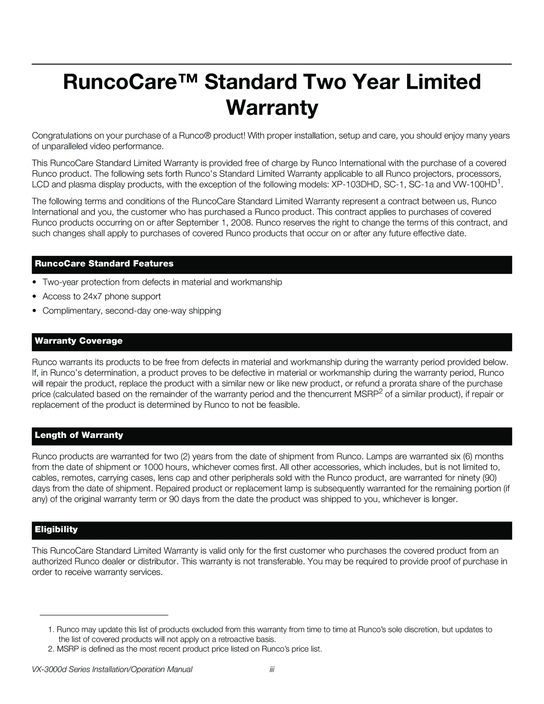 Runco VX-3000D operation manual RuncoCare Standard Two Year Limited Warranty, RuncoCare Standard Features 