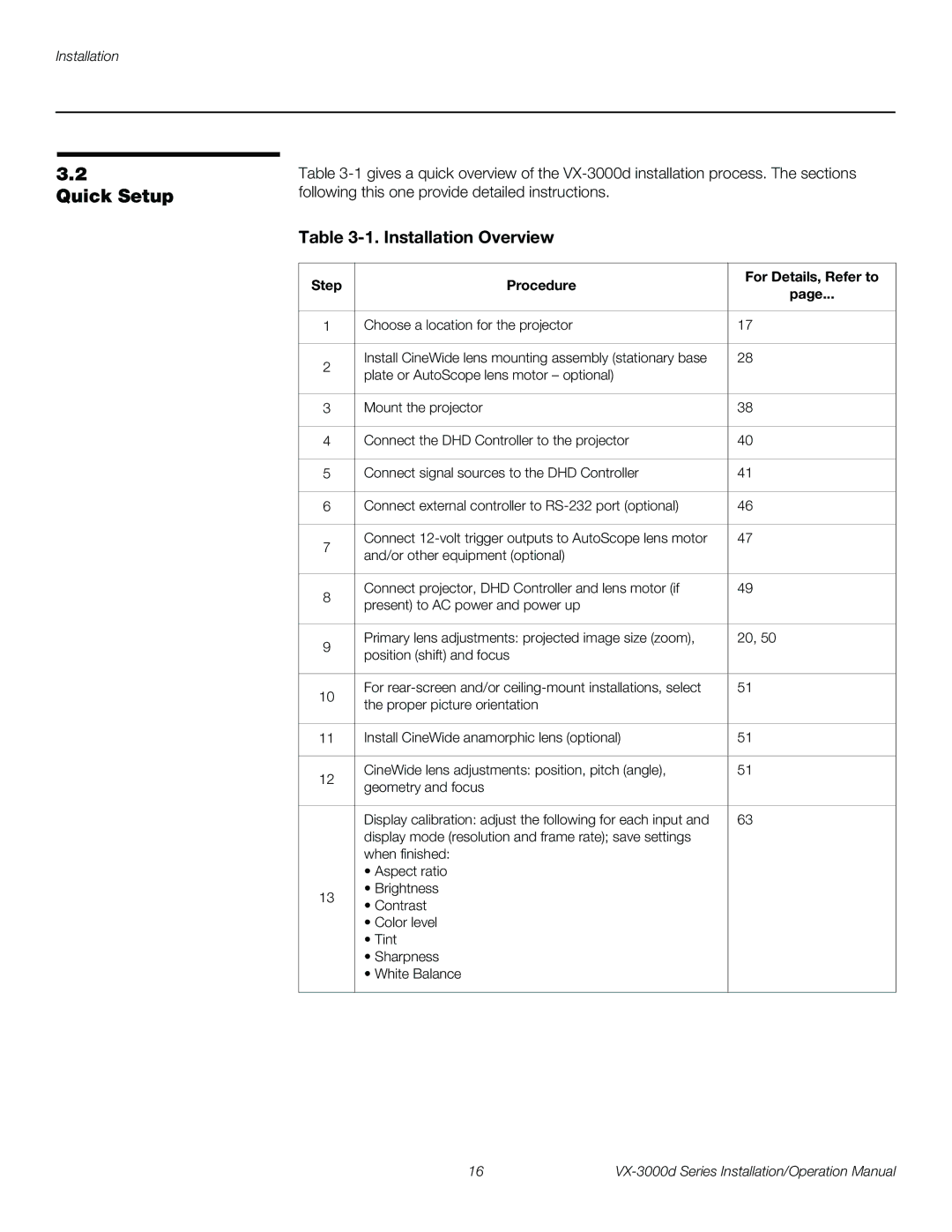 Runco VX-3000D operation manual Quick Setup, Installation Overview, Step Procedure For Details, Refer to 