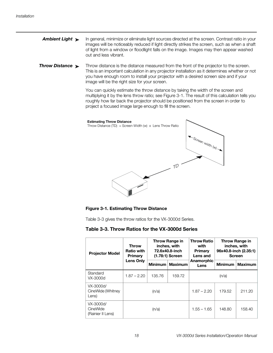 Runco VX-3000D operation manual Throw Ratios for the VX-3000d Series, Ambient Light, Throw Distance 