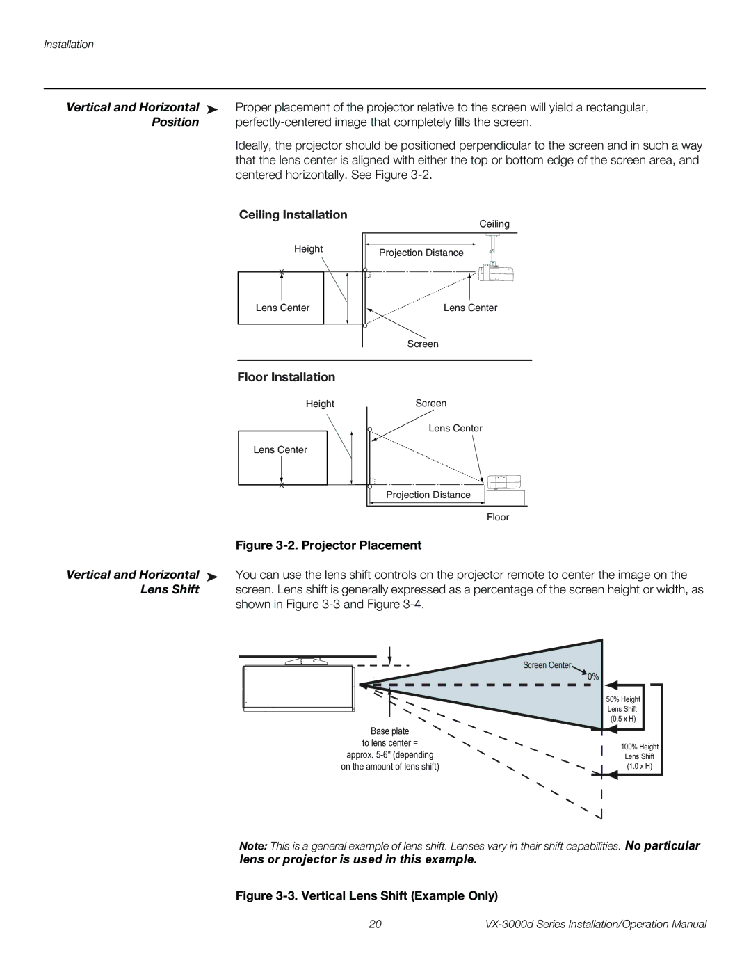 Runco VX-3000D operation manual Vertical and Horizontal, Position, Ceiling Installation, Floor Installation, Lens Shift 