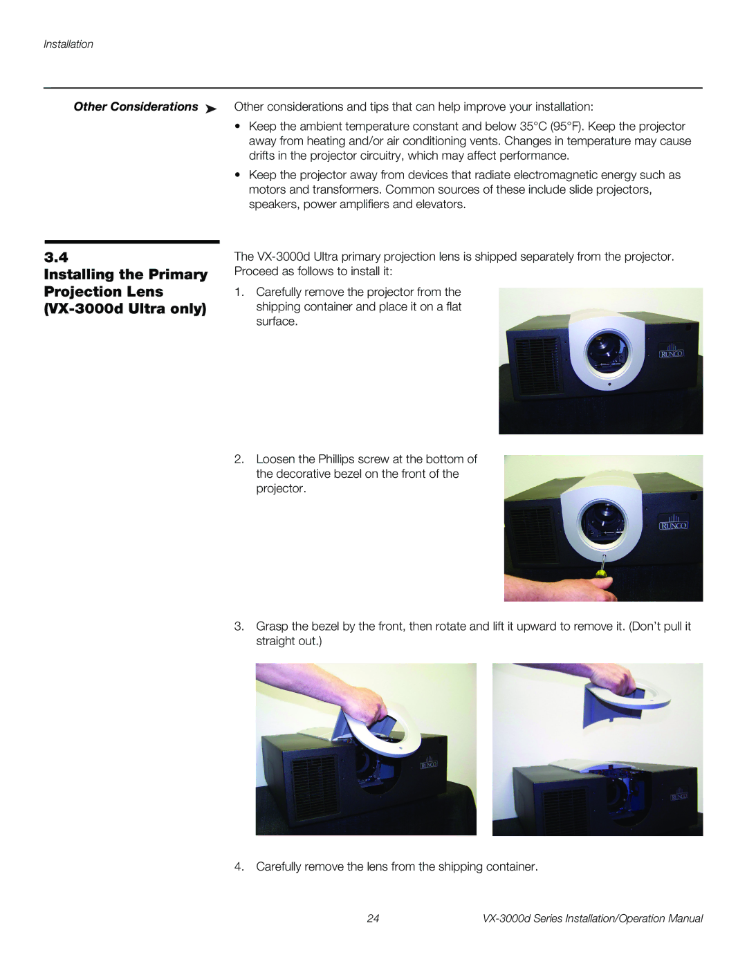 Runco VX-3000D operation manual Installing the Primary Projection Lens VX-3000d Ultra only, Other Considerations 