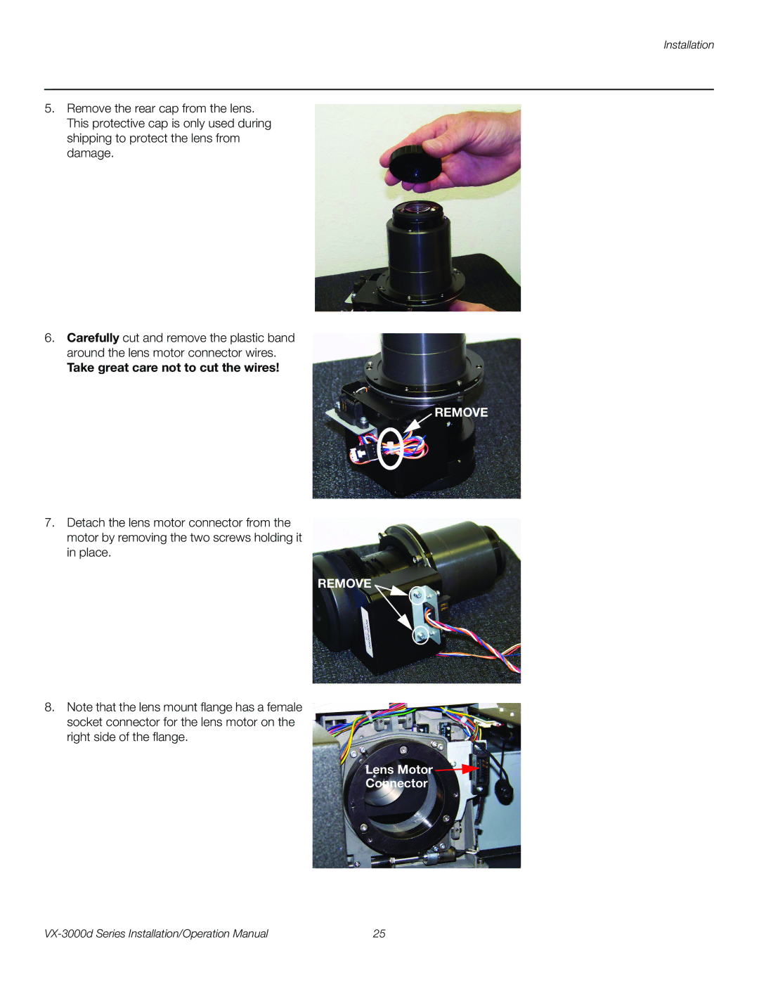 Runco VX-3000D operation manual Take great care not to cut the wires, Remove 