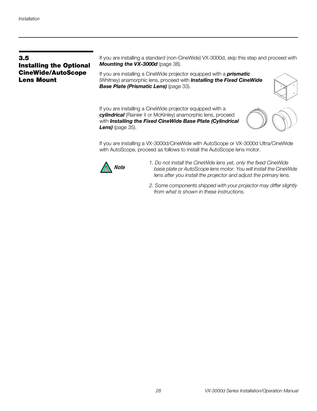 Runco VX-3000D operation manual Installing the Optional CineWide/AutoScope Lens Mount 