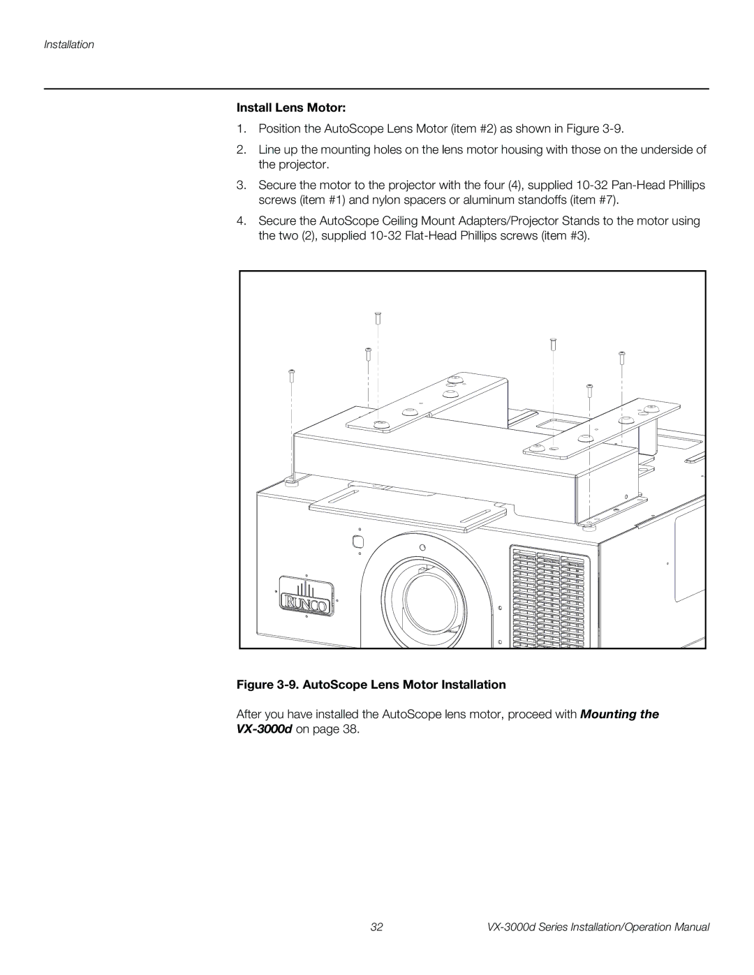 Runco VX-3000D operation manual Install Lens Motor, AutoScope Lens Motor Installation 