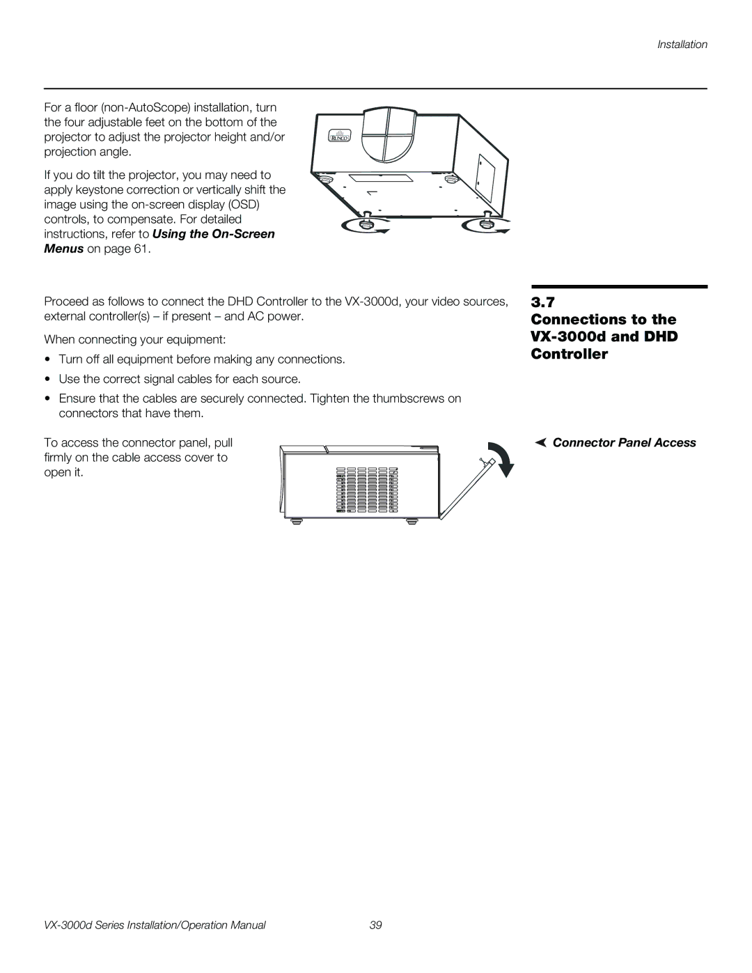 Runco VX-3000D operation manual Connections to the VX-3000d and DHD Controller, Connector Panel Access 