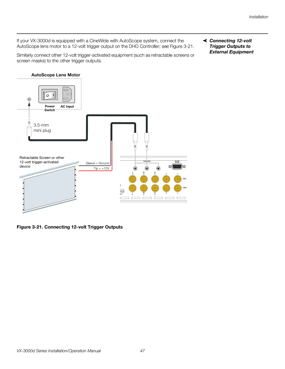 Runco VX-3000D operation manual AutoScope Lens Motor, Connecting 12-volt Trigger Outputs to External Equipment 