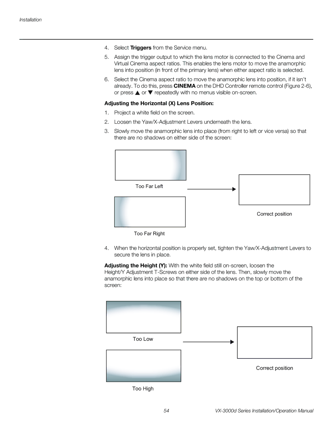 Runco VX-3000D operation manual Adjusting the Horizontal X Lens Position 