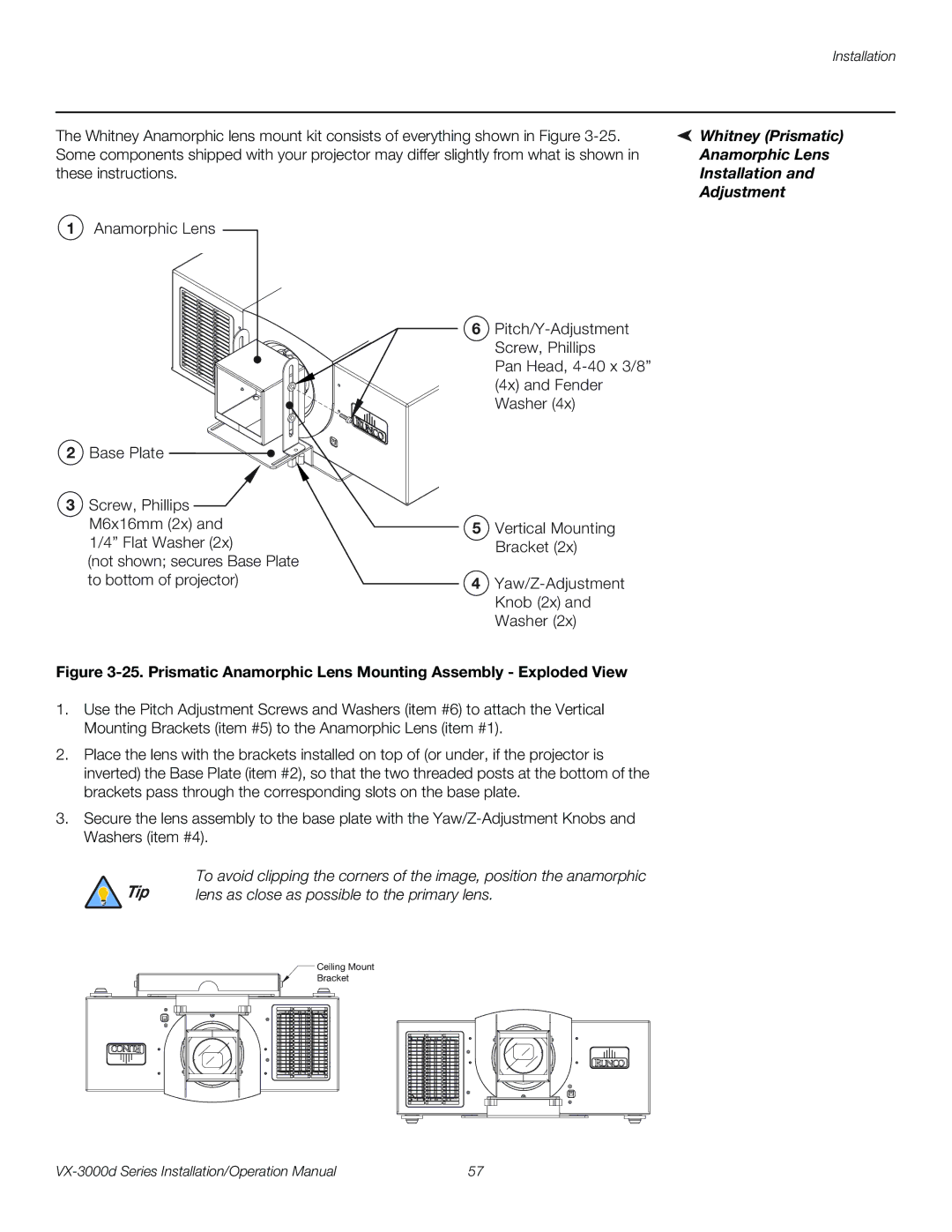 Runco VX-3000D operation manual Whitney Prismatic, Anamorphic Lens, Installation 