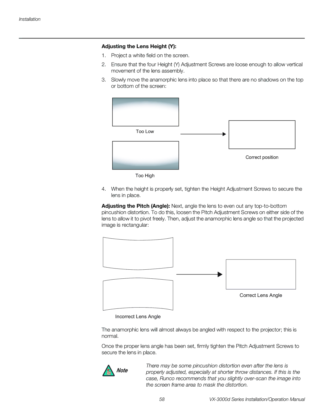 Runco VX-3000D operation manual Adjusting the Lens Height Y 
