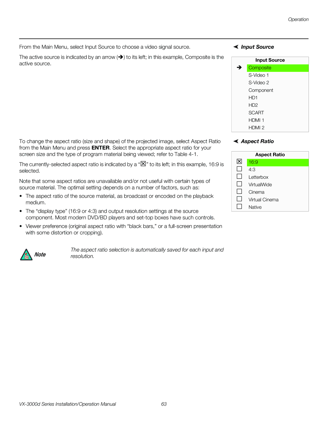 Runco VX-3000D operation manual Input Source, Aspect Ratio 