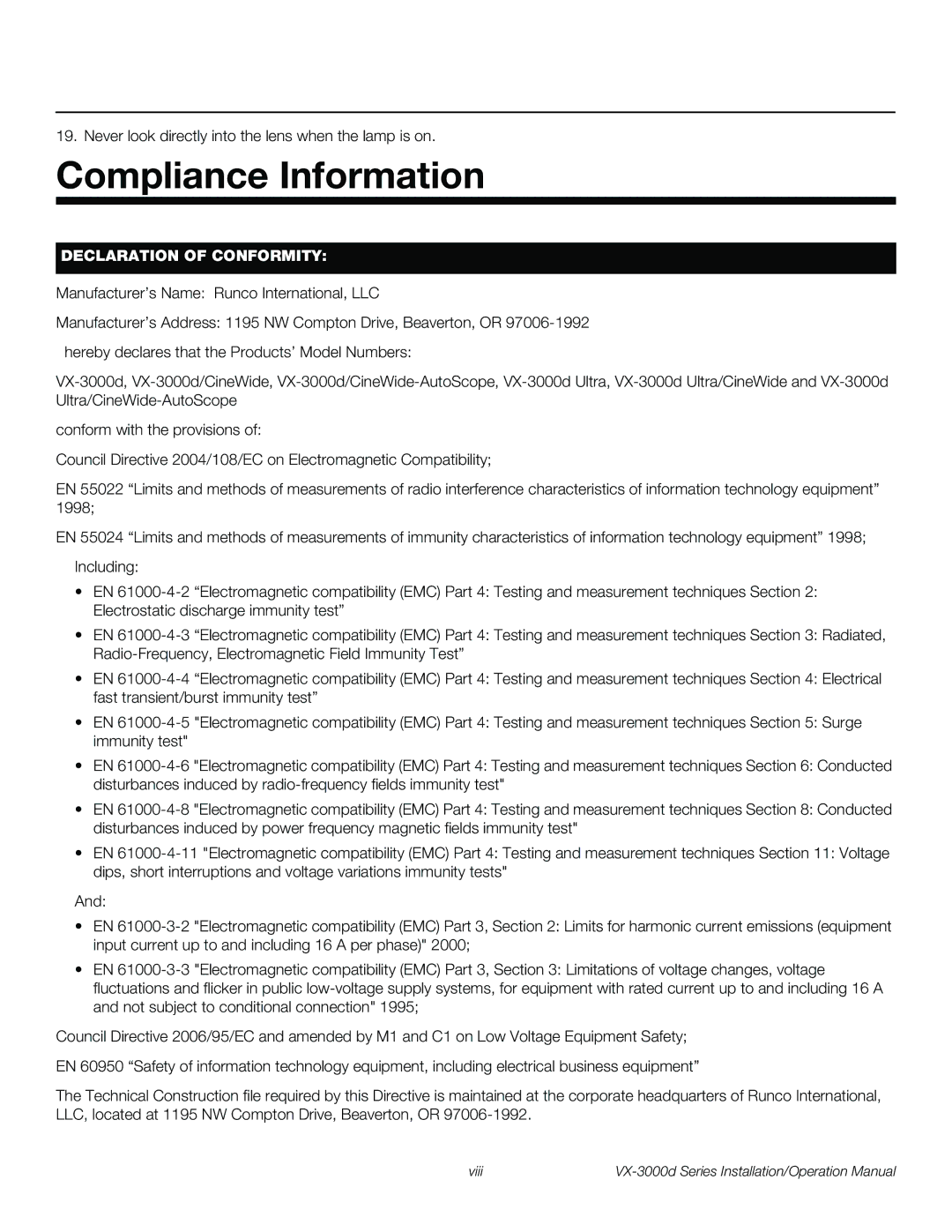 Runco VX-3000D operation manual Compliance Information, Declaration of Conformity 