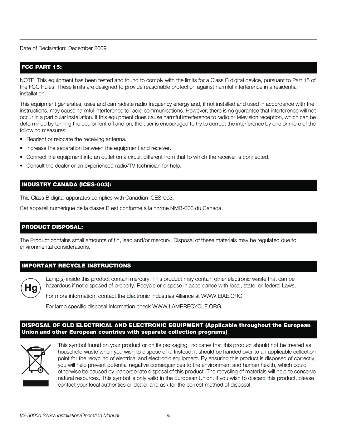 Runco VX-3000D operation manual FCC Part 