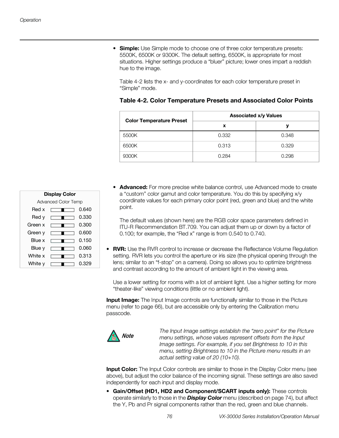 Runco VX-3000D operation manual Color Temperature Presets and Associated Color Points, Display Color 