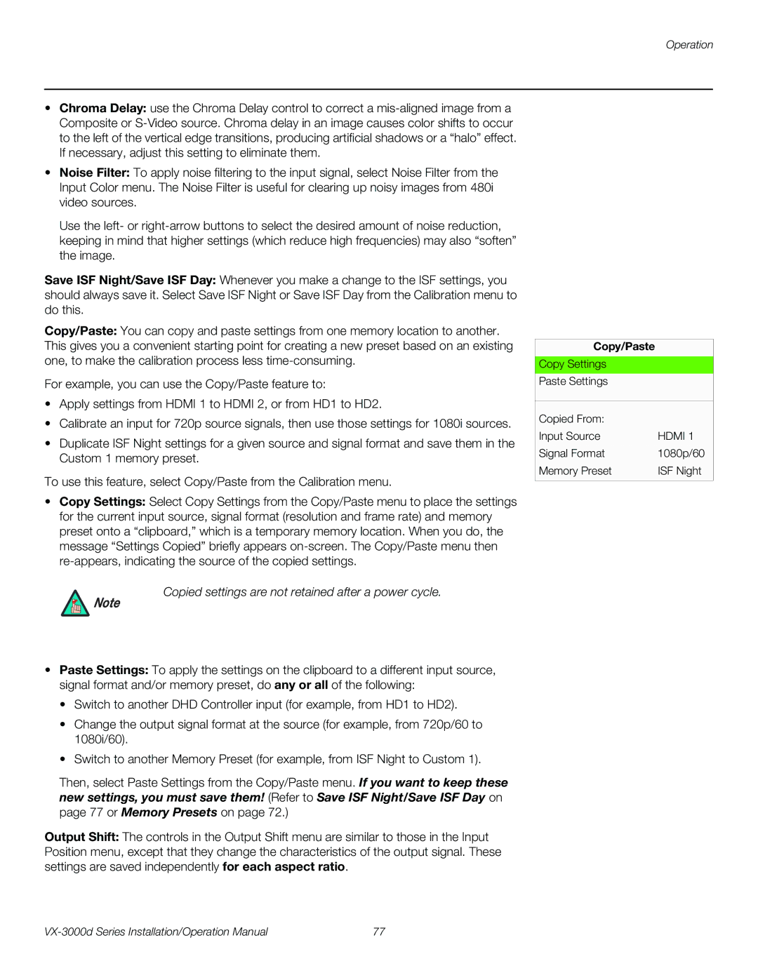 Runco VX-3000D operation manual Copied settings are not retained after a power cycle, Copy/Paste 