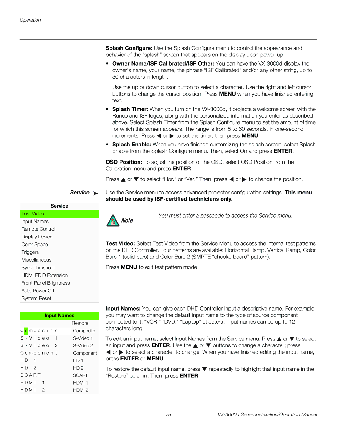 Runco VX-3000D operation manual Service, Input Names 