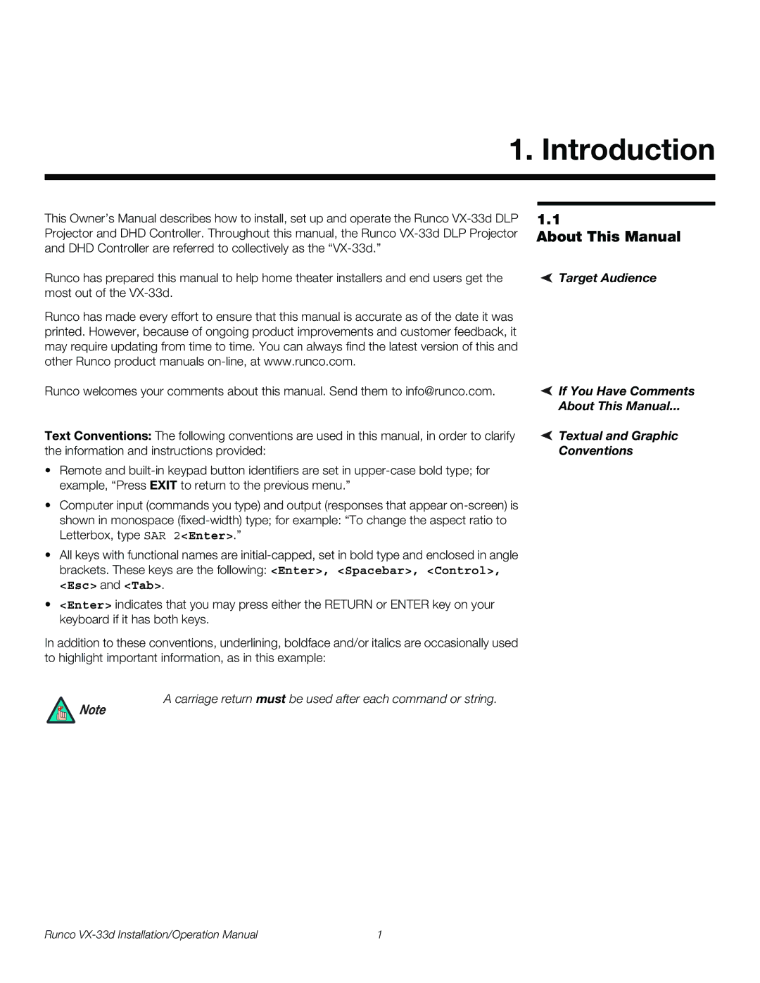 Runco VX-33D operation manual Introduction, About This Manual 