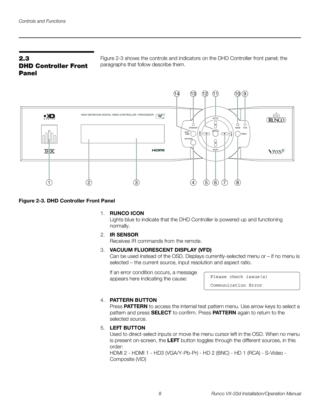 Runco VX-33D operation manual DHD Controller Front Panel 