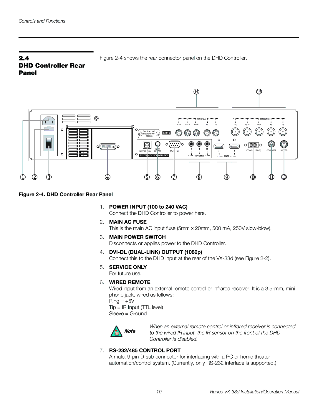 Runco VX-33D operation manual DHD Controller Rear Panel, DVI-DL DUAL-LINK Output 1080p, Service only For future use 