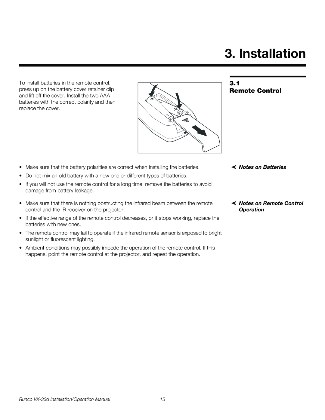 Runco VX-33D operation manual Installation, Remote Control 