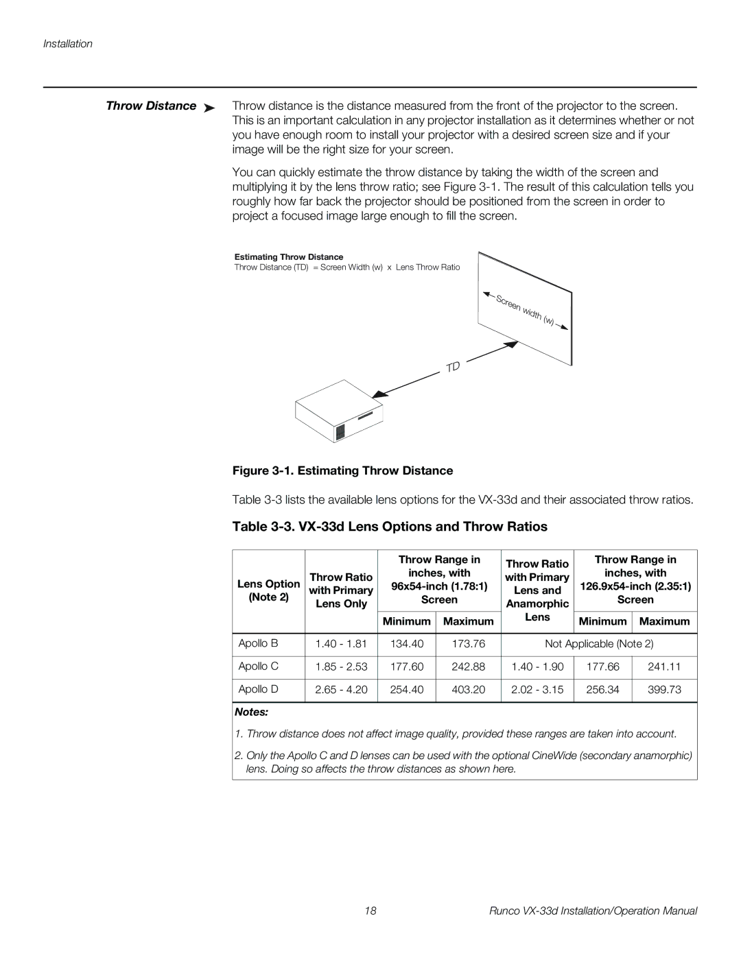 Runco VX-33D operation manual VX-33d Lens Options and Throw Ratios 