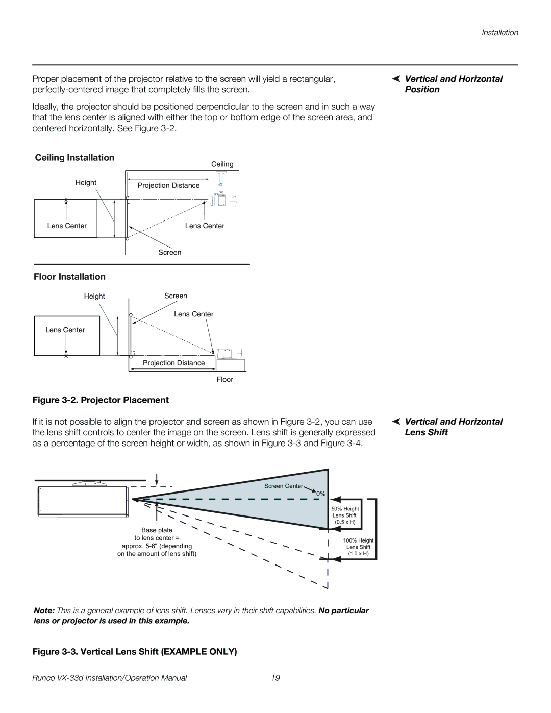 Runco VX-33D operation manual Vertical and Horizontal, Position, Ceiling Installation, Floor Installation 