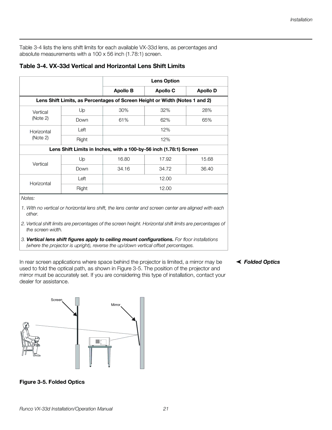 Runco VX-33D operation manual VX-33d Vertical and Horizontal Lens Shift Limits, Folded Optics 