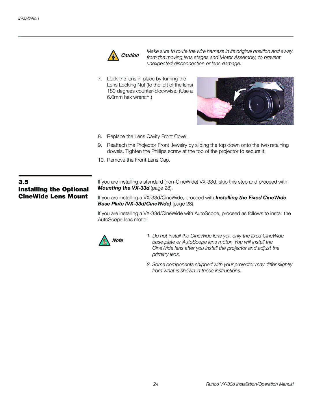 Runco VX-33D operation manual Installing the Optional CineWide Lens Mount 