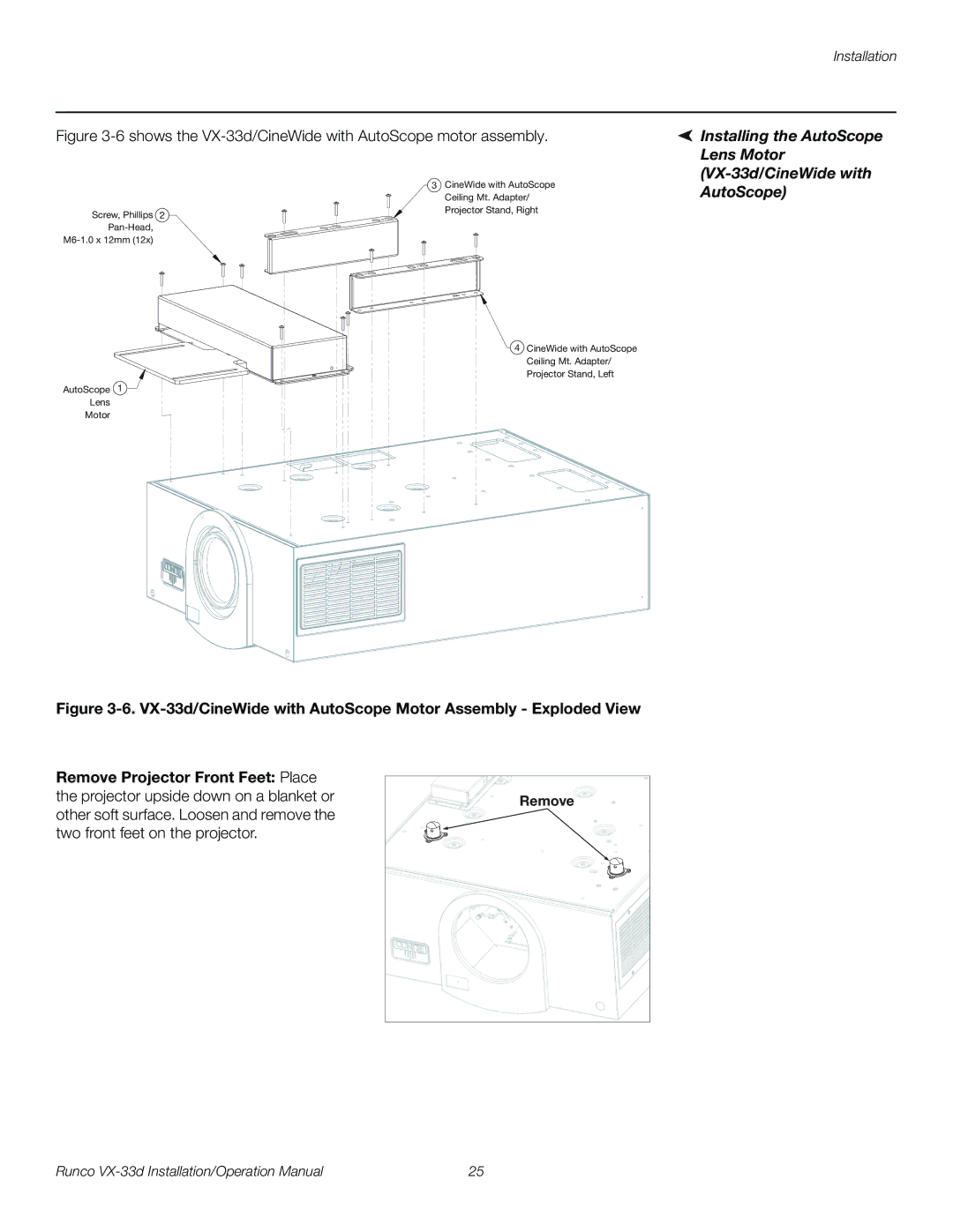 Runco VX-33D operation manual Installing the AutoScope Lens Motor VX-33d/CineWide with, Remove 