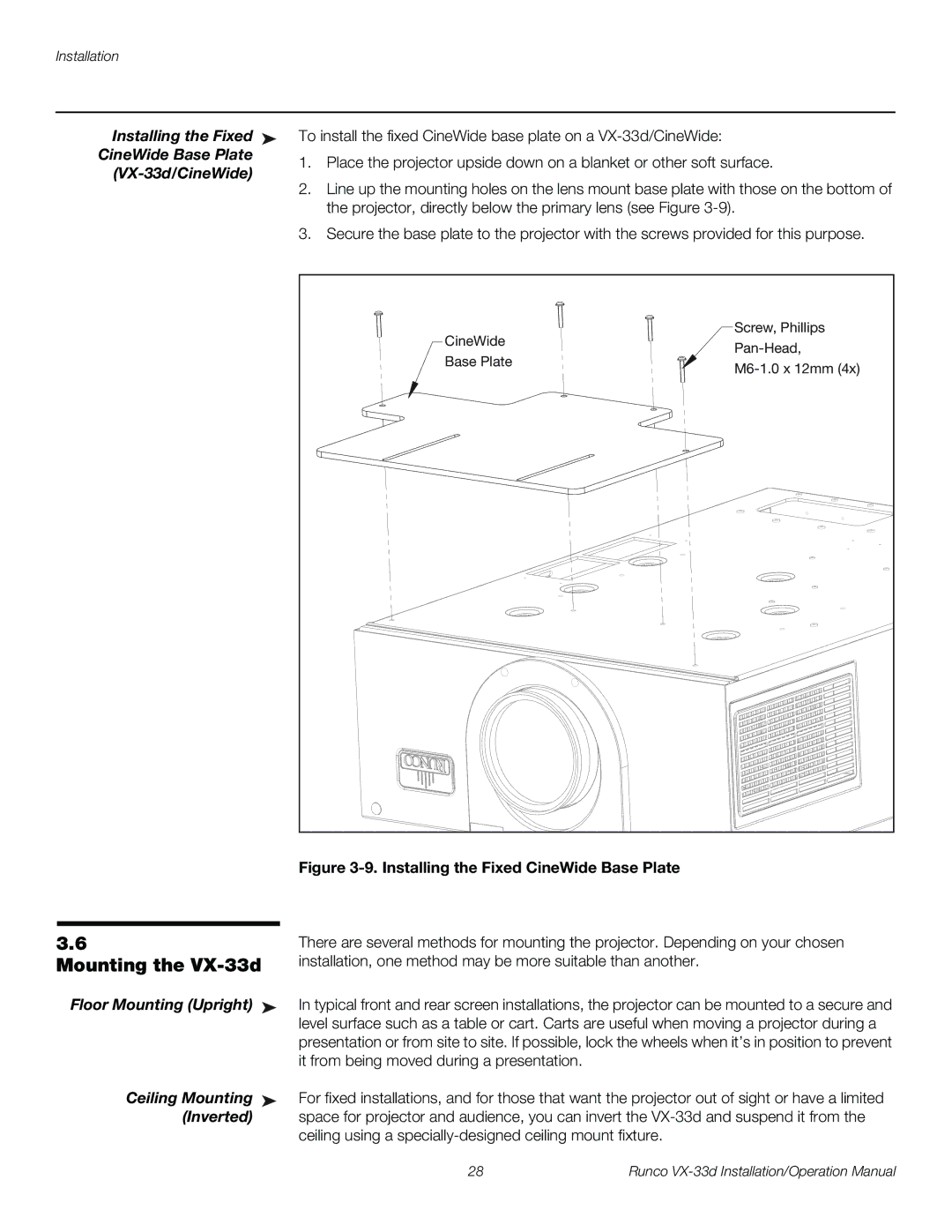 Runco VX-33D operation manual Mounting the VX-33d, Floor Mounting Upright Ceiling Mounting Inverted 