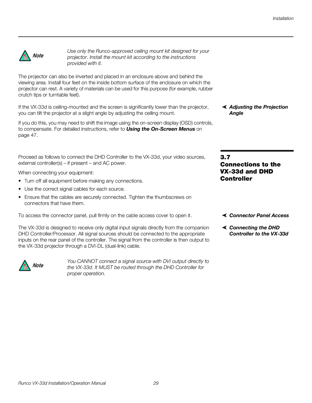 Runco VX-33D operation manual Connections to the VX-33d and DHD Controller, Adjusting the Projection, Angle 