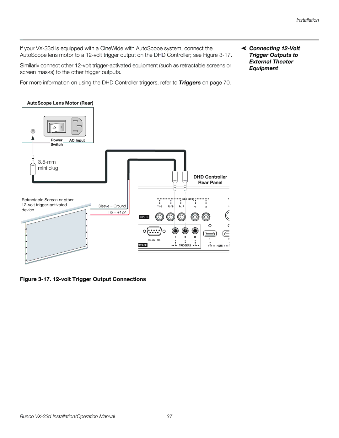 Runco VX-33D operation manual volt Trigger Output Connections 