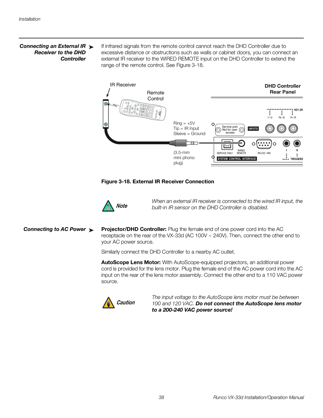 Runco VX-33D Connecting an External IR, Receiver to the DHD, Input voltage to the AutoScope lens motor must be between 