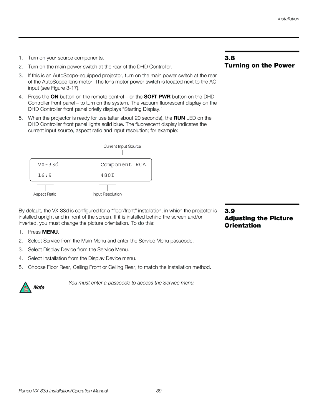 Runco VX-33D operation manual Turning on the Power, Adjusting the Picture Orientation 