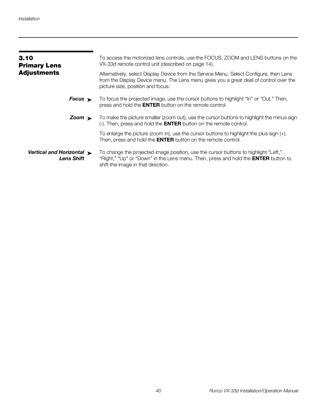 Runco VX-33D operation manual Primary Lens, Adjustments, Focus, Zoom, Lens Shift 