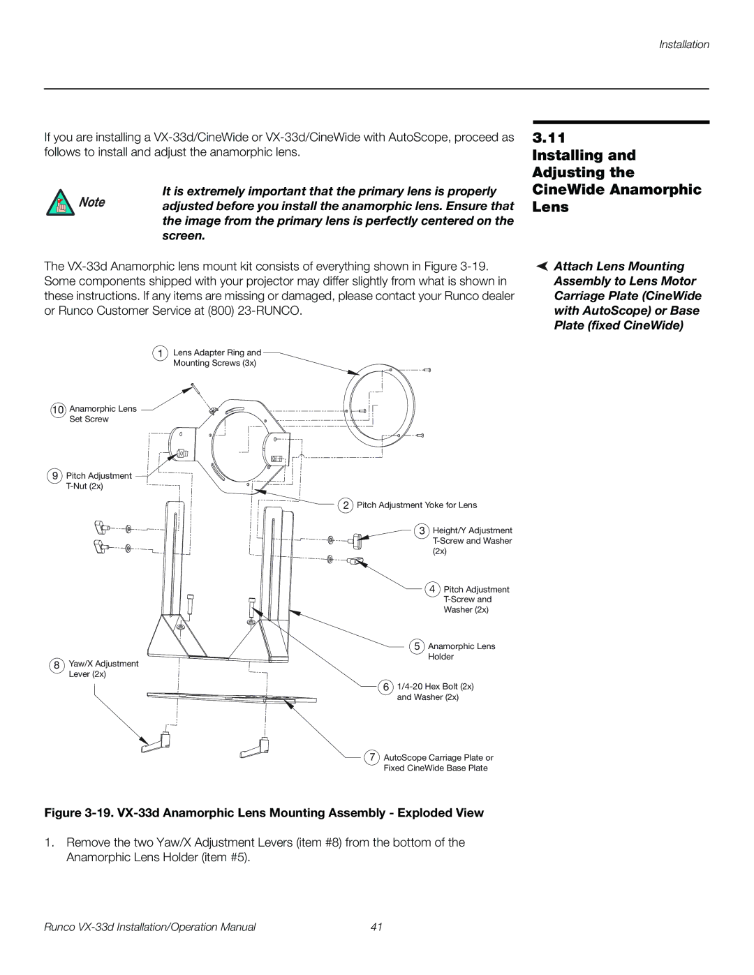 Runco VX-33D operation manual Installing and Adjusting the CineWide Anamorphic Lens 