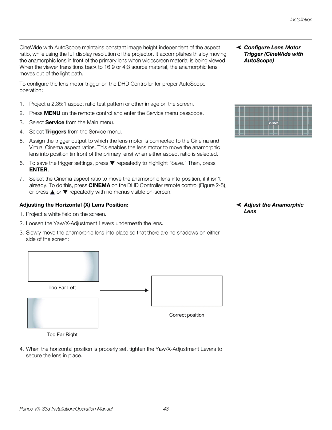 Runco VX-33D operation manual Adjusting the Horizontal X Lens Position 