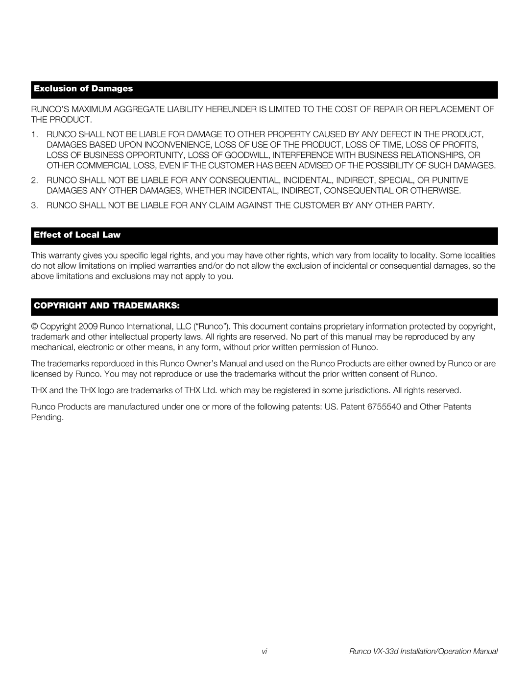 Runco VX-33D operation manual Copyright and Trademarks 