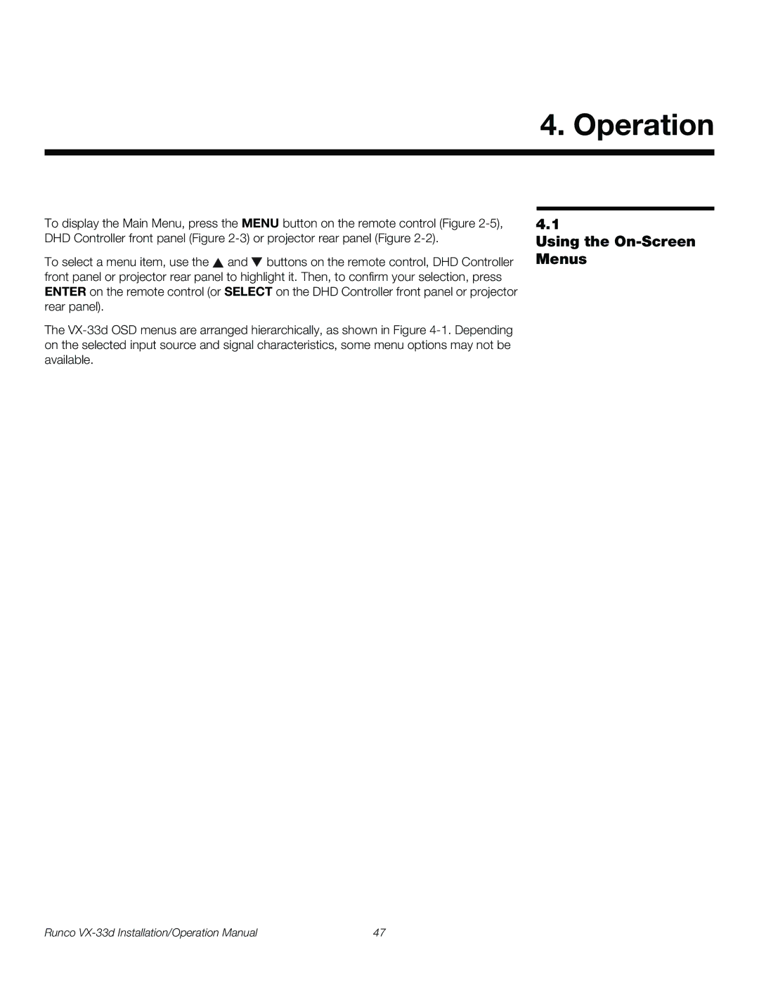 Runco VX-33D operation manual Operation, Using the On-Screen Menus 