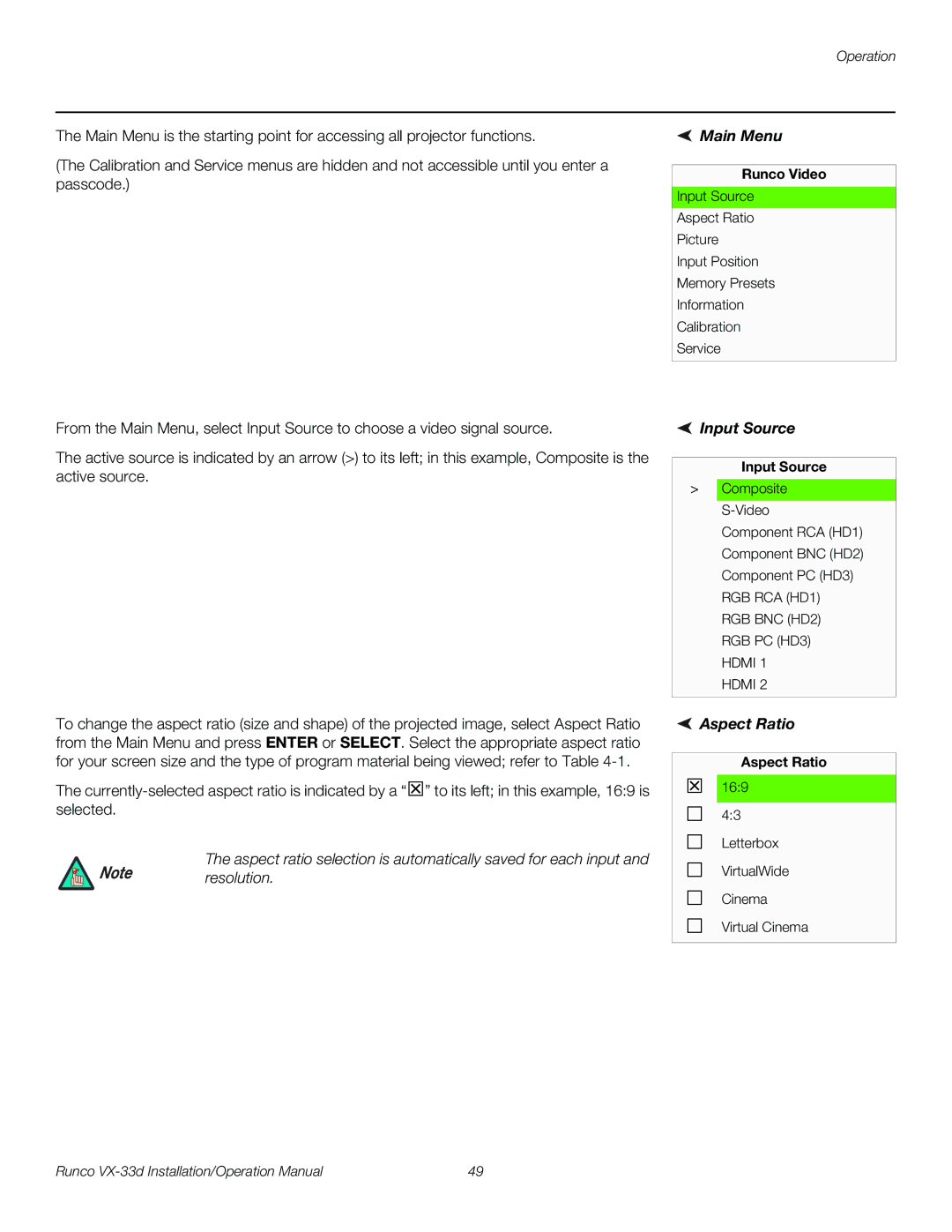 Runco VX-33D operation manual Main Menu, Input Source, Aspect Ratio 