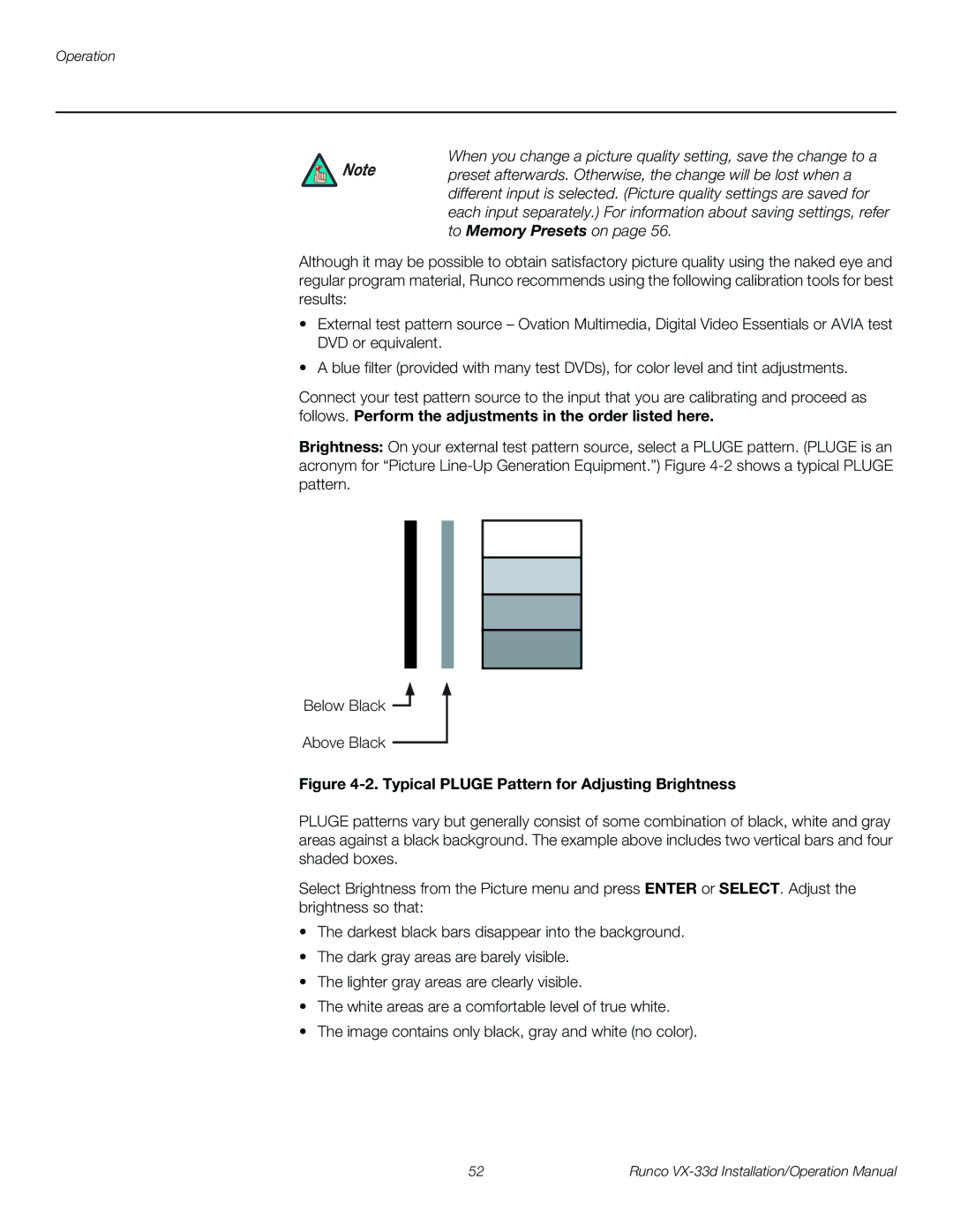 Runco VX-33D operation manual Typical Pluge Pattern for Adjusting Brightness 