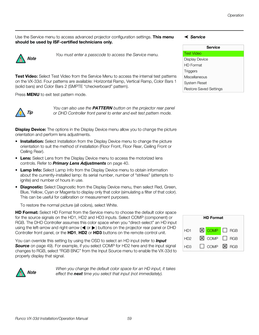 Runco VX-33D operation manual Service, HD Format 