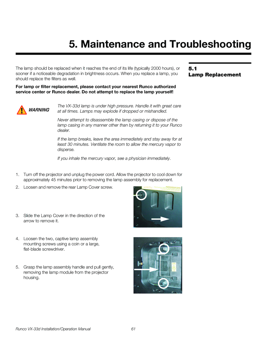 Runco VX-33D operation manual Maintenance and Troubleshooting, Lamp Replacement 