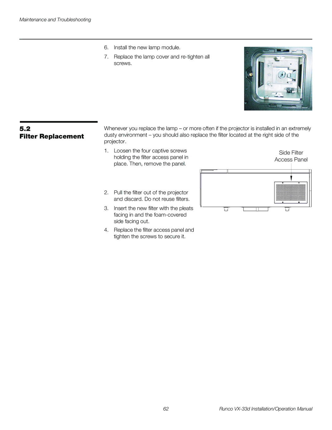 Runco VX-33D operation manual Filter Replacement, Side Filter Access Panel 