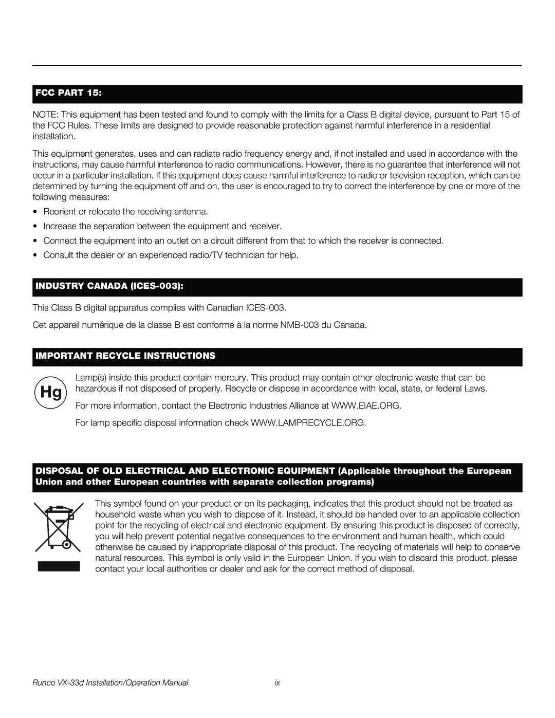 Runco VX-33D operation manual FCC Part 