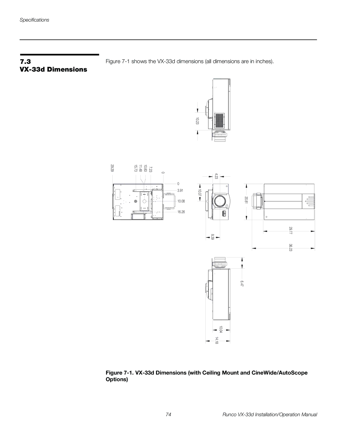 Runco VX-33D operation manual VX-33d Dimensions, 1shows the VX-33d dimensions all dimensions are in inches 